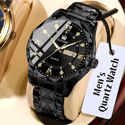 Luxury Men’s Quartz Watch – Stainless Steel Roman Dial with Date Display