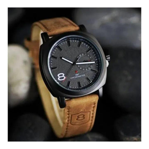 *: Men's Black Analog Watch with Leather Strap