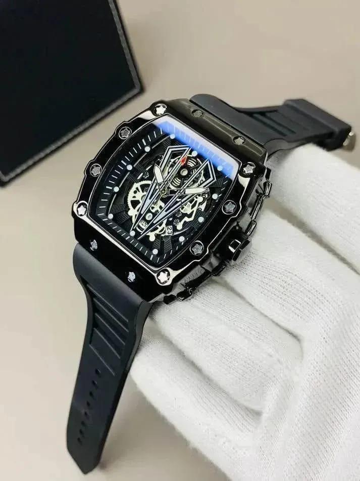 Men's Black Square Skeleton Watch Imported Quality