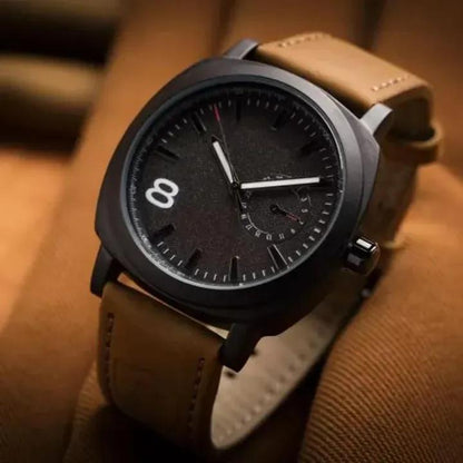 *: Men's Black Analog Watch with Leather Strap