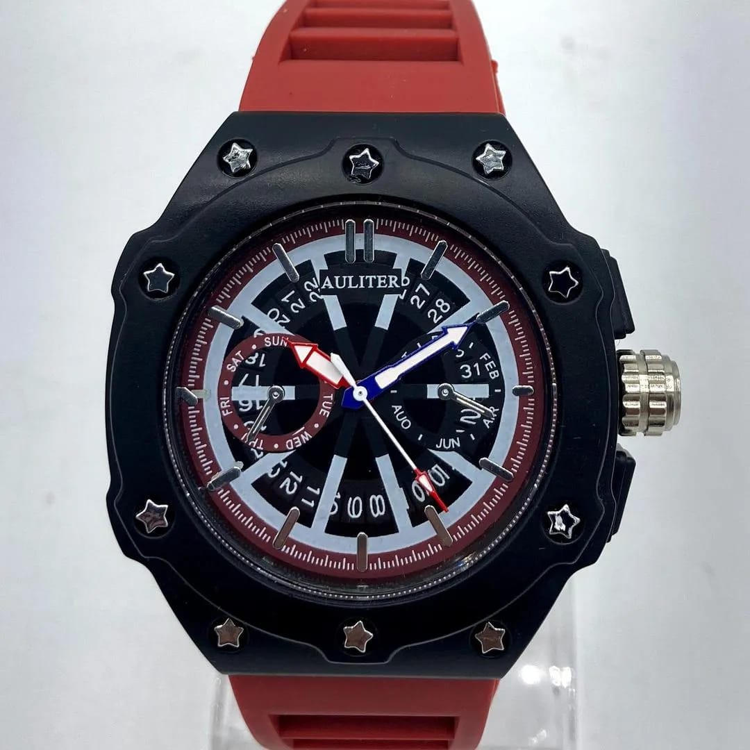 AULITERS Men's Sport Watch Black Red Quartz Waterproof